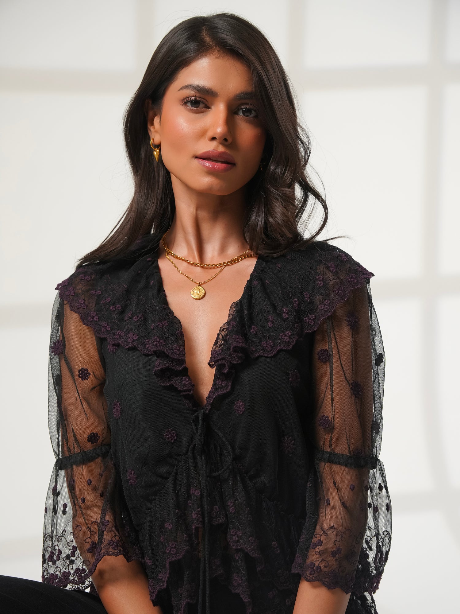 Samira Black and Berry Embroidered Lace Blouse