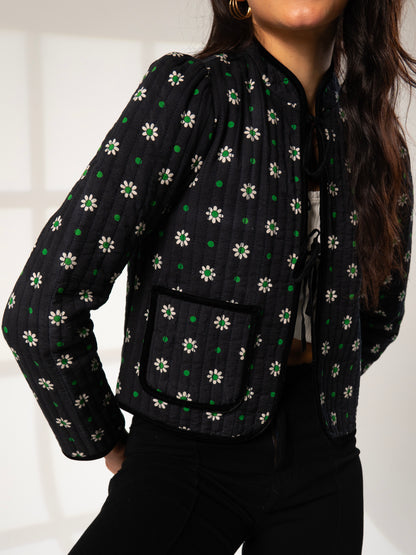 Joyce Black Daisy Print Velvet Edge Jacket