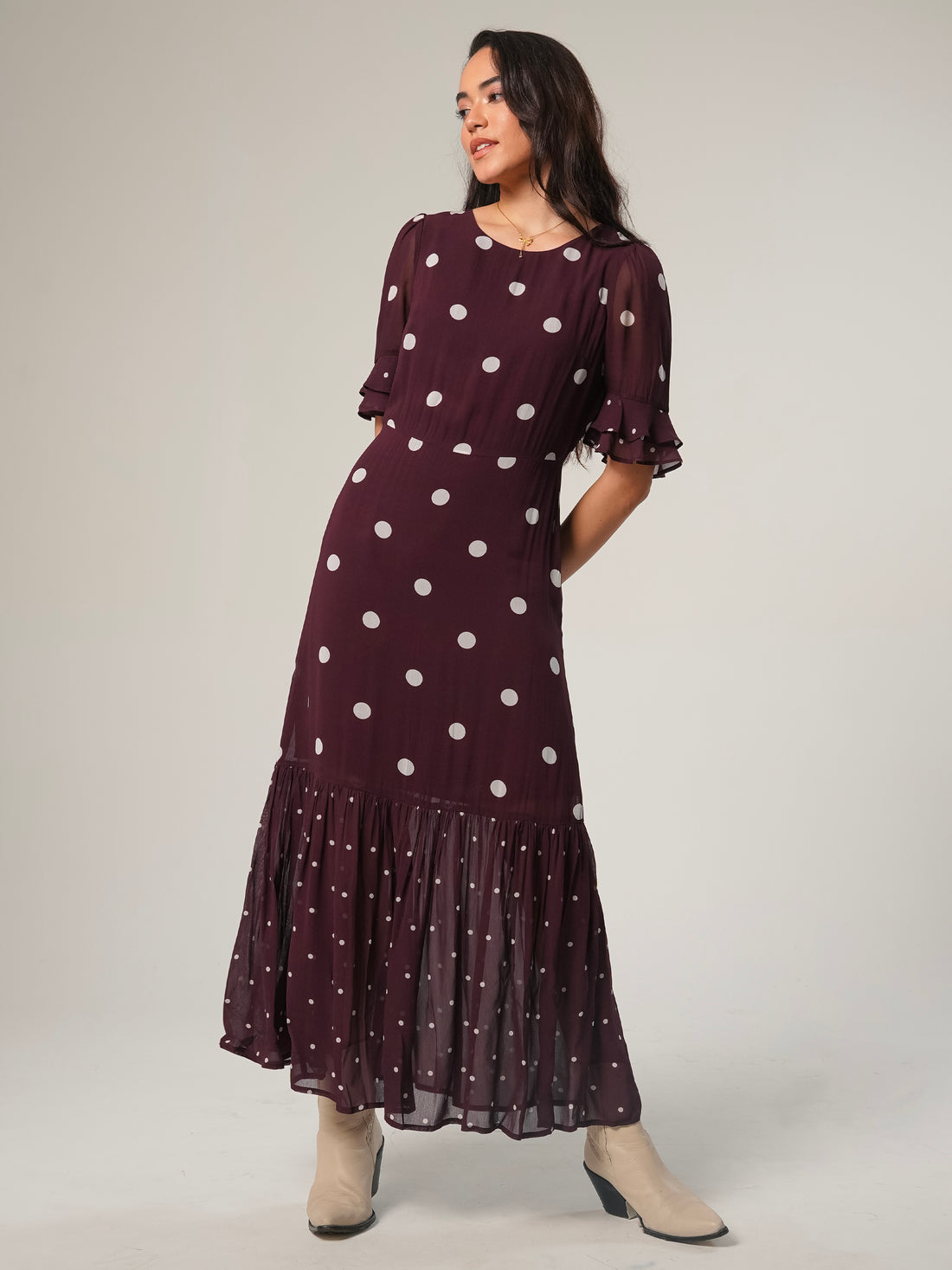 Saphi Chocolate Wine Polka Dot Print Maxi Dress