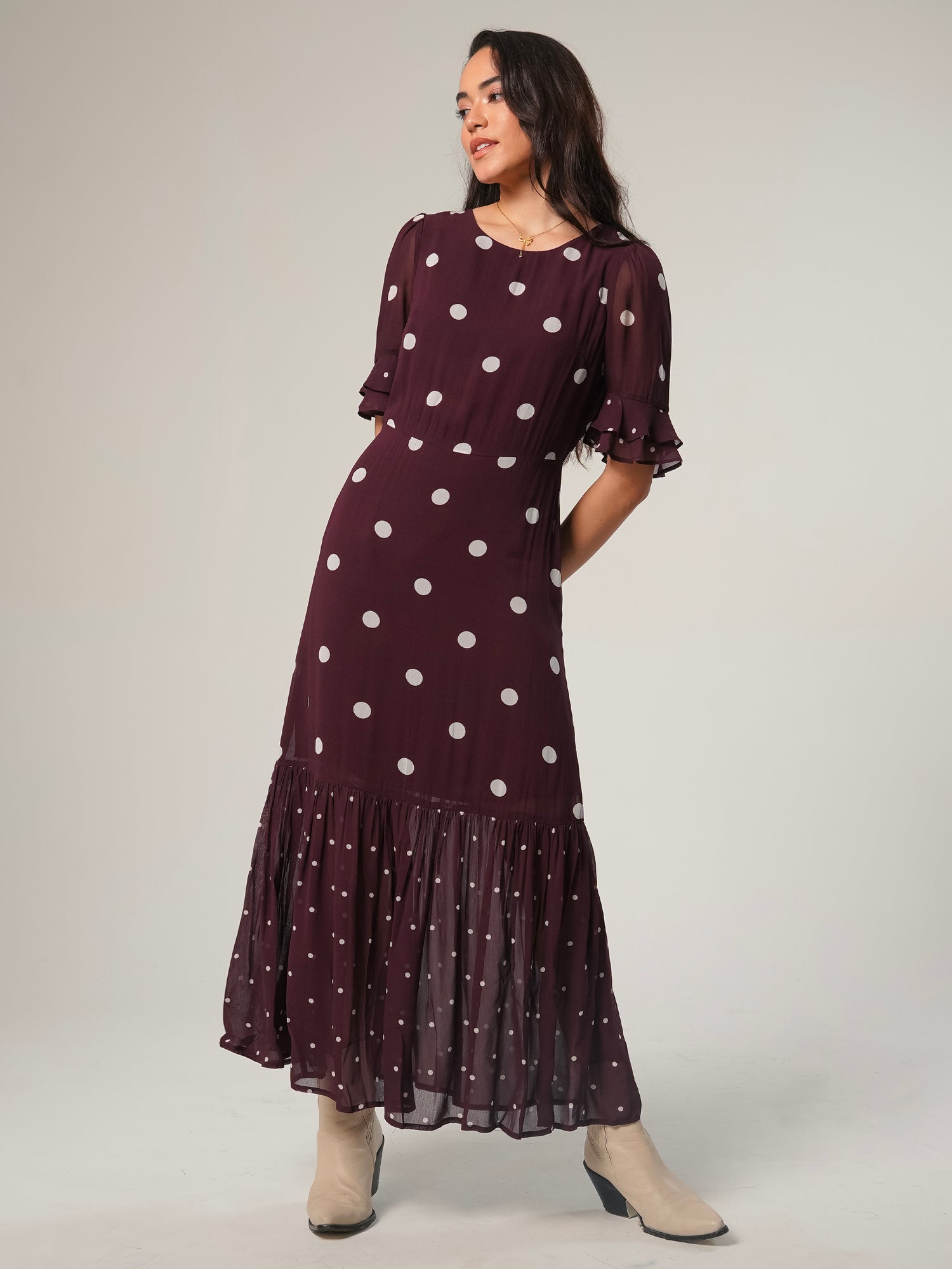 Saphi Chocolate Wine Spot Print Maxi Dress