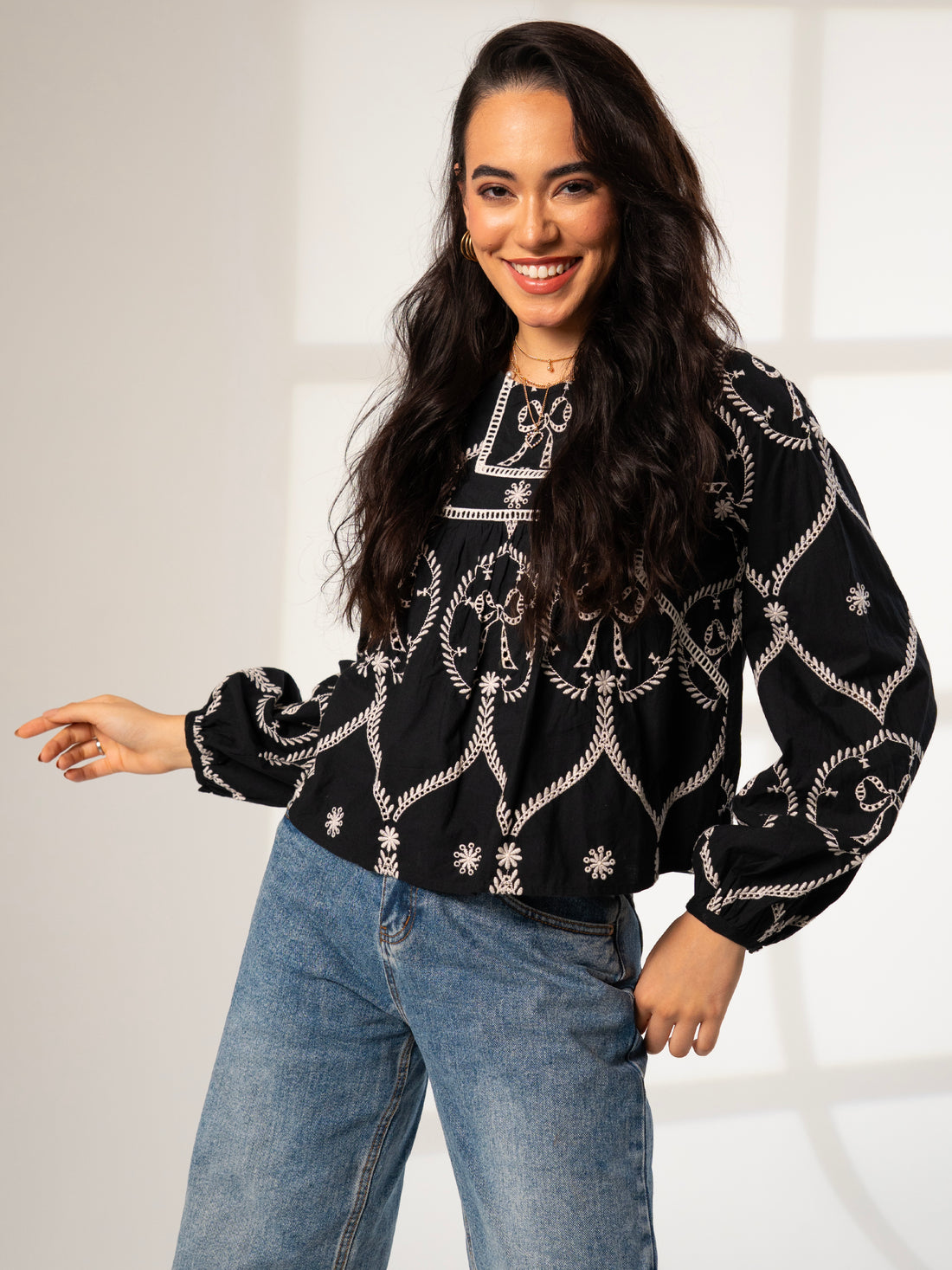 Charlie Black and ivory Bow embroidered Long Sleeve Blouse