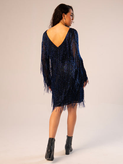 Janey Blue Black Beaded Fringe Mini Dress