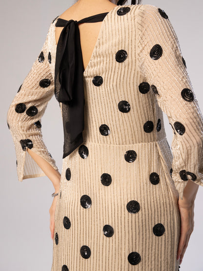 Merrin Ivory Polka Dot Hand Beaded Midi Dress