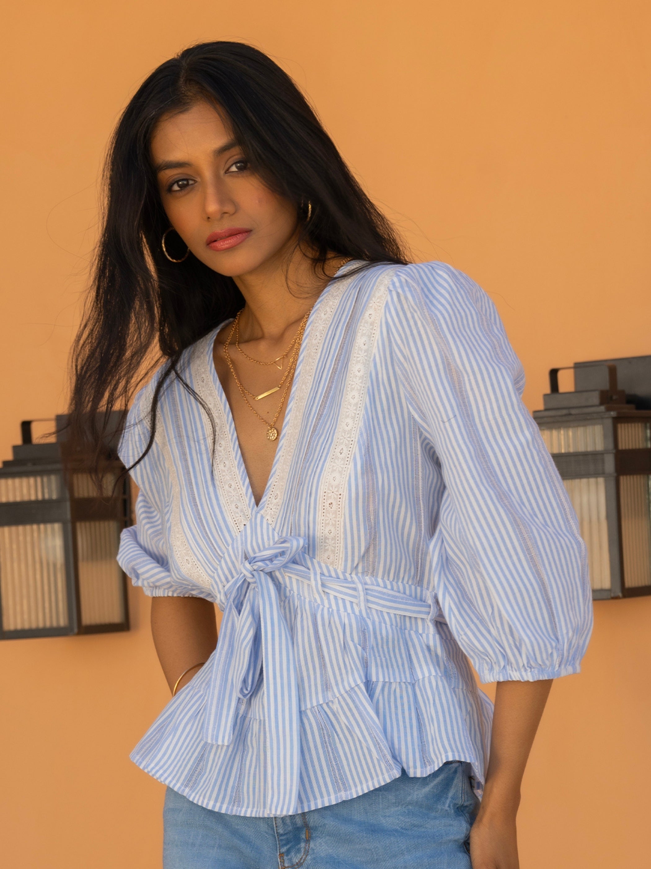 Chloe Blue Stripe Lace Trim Blouse