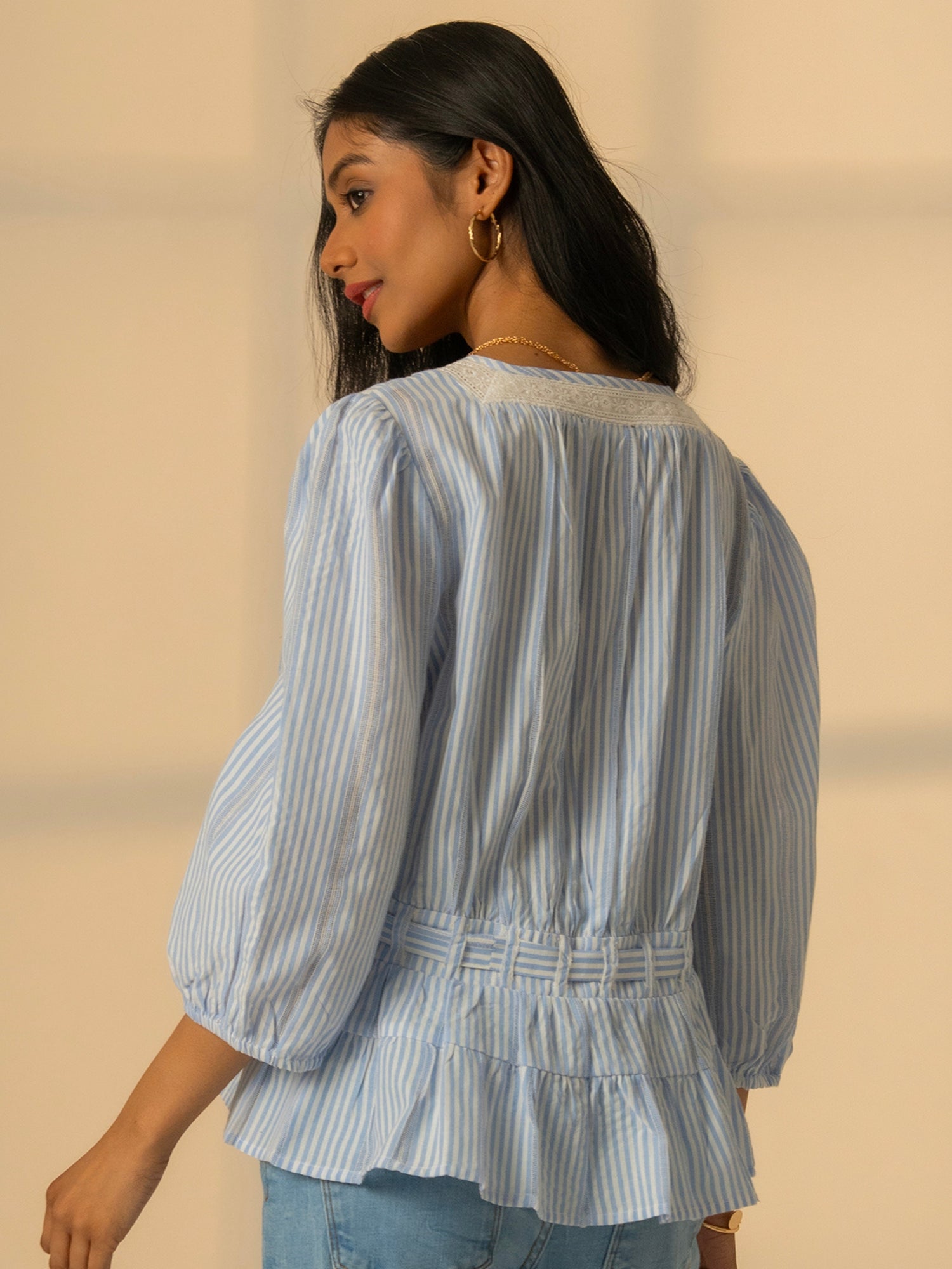Chloe Blue Stripe Lace Trim Blouse