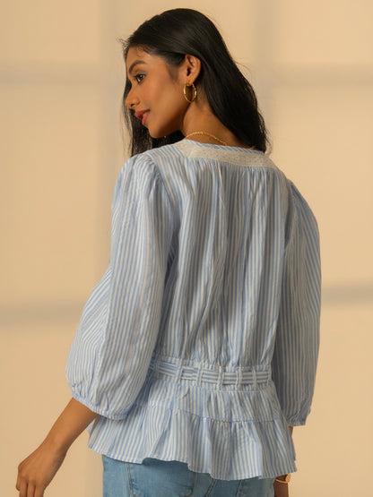 Chloe Blue Stripe Lace Trim Blouse