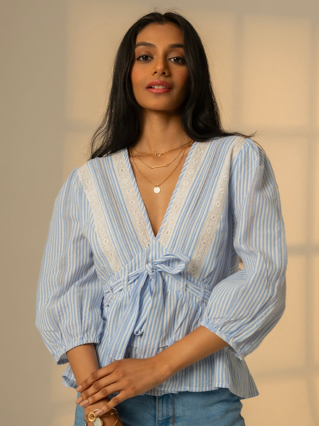 Chloe Blue Stripe Lace Trim Blouse