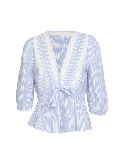 Chloe Blue Stripe Lace Trim Blouse