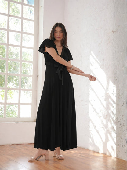 Chloe Black Lace Detail Tie Waist Maxi Dress