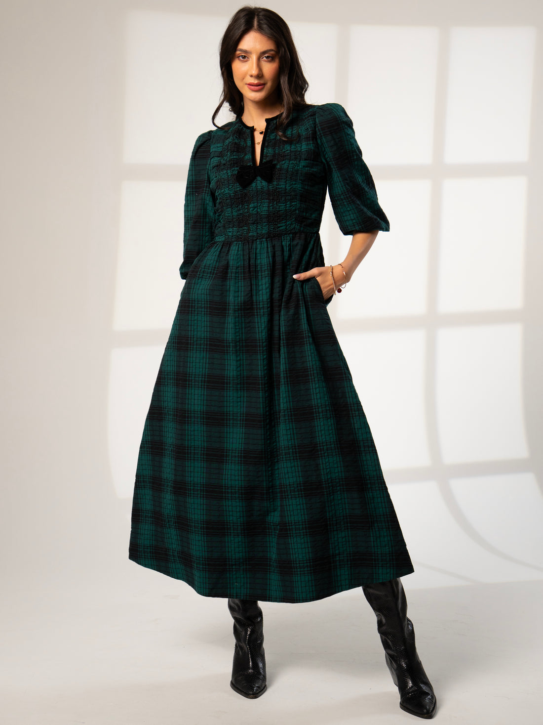 Iris Teal and Black Check Midi Dress