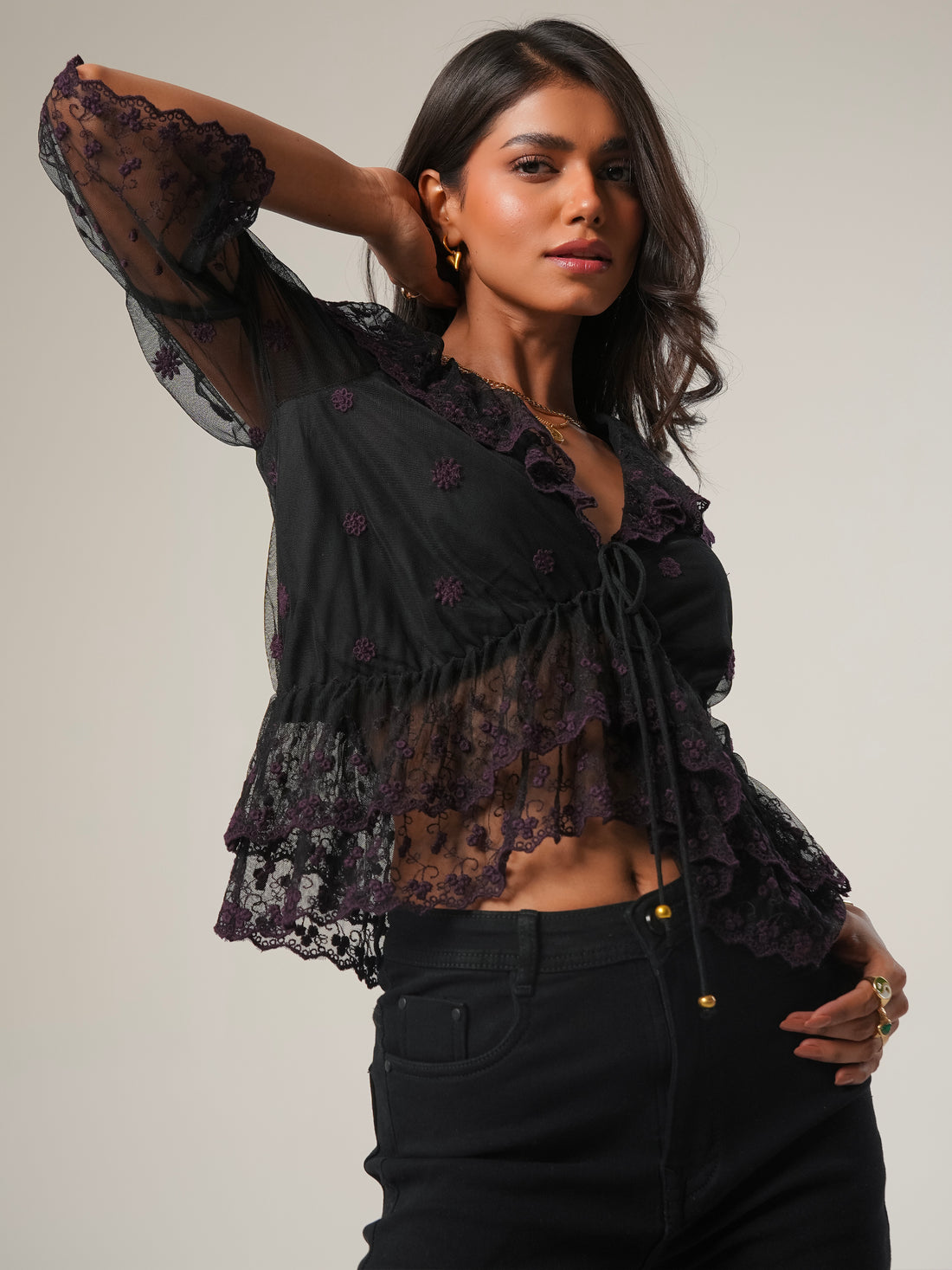 Samira Black and Berry Embroidered Lace Blouse