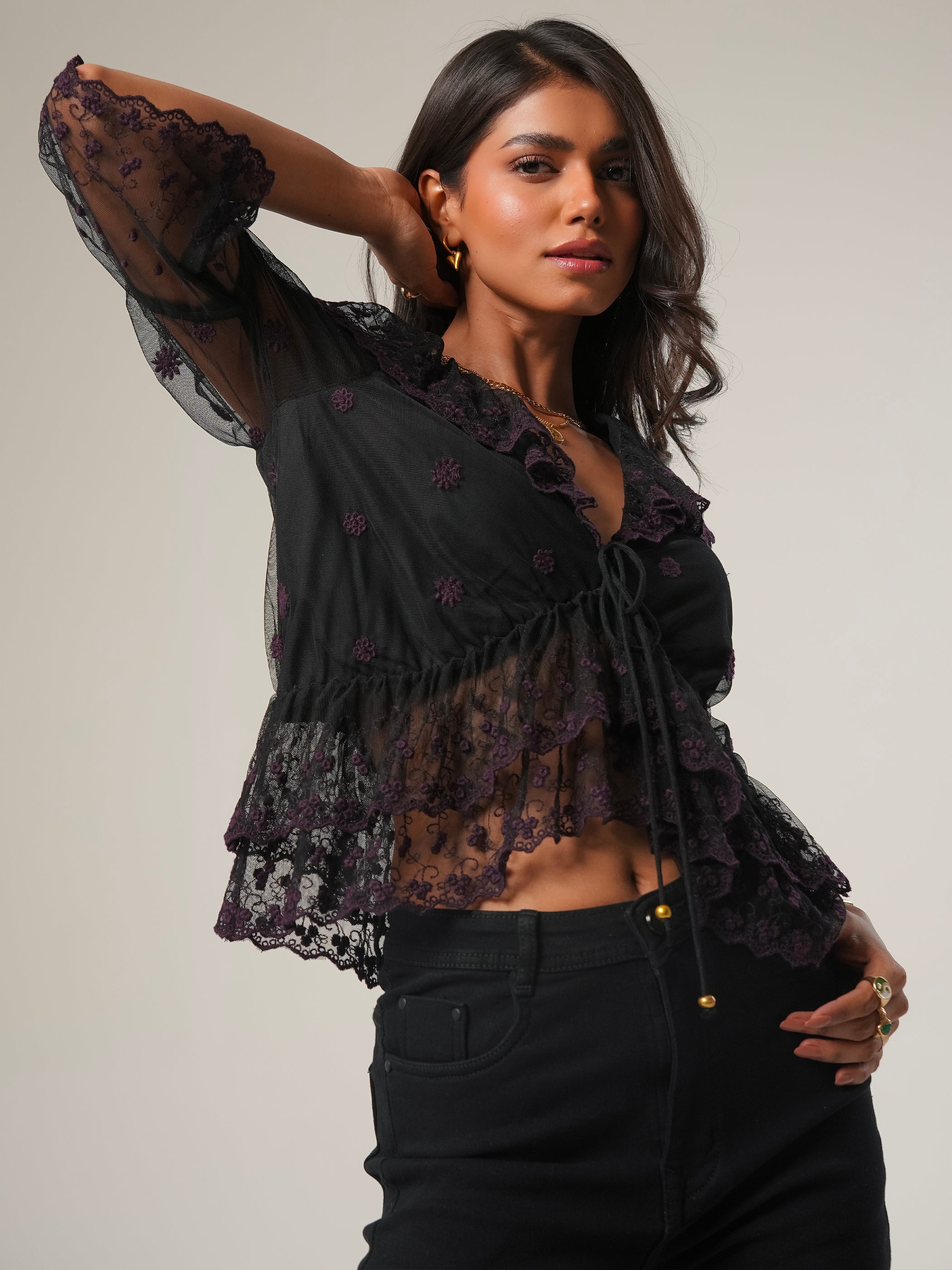 Samira Black and Berry Embroidered Lace Blouse