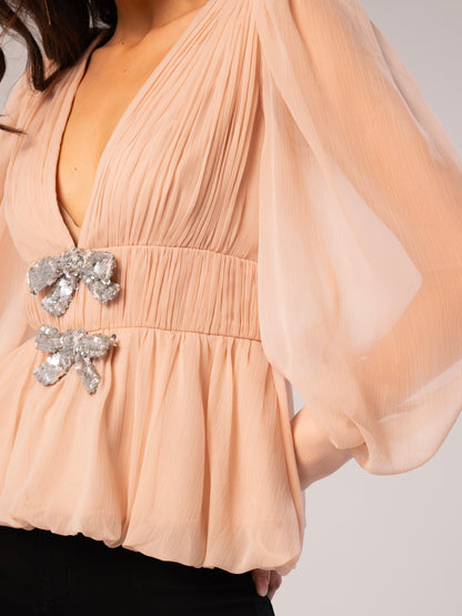 Anais Pink Hand Beaded Bow Blouse