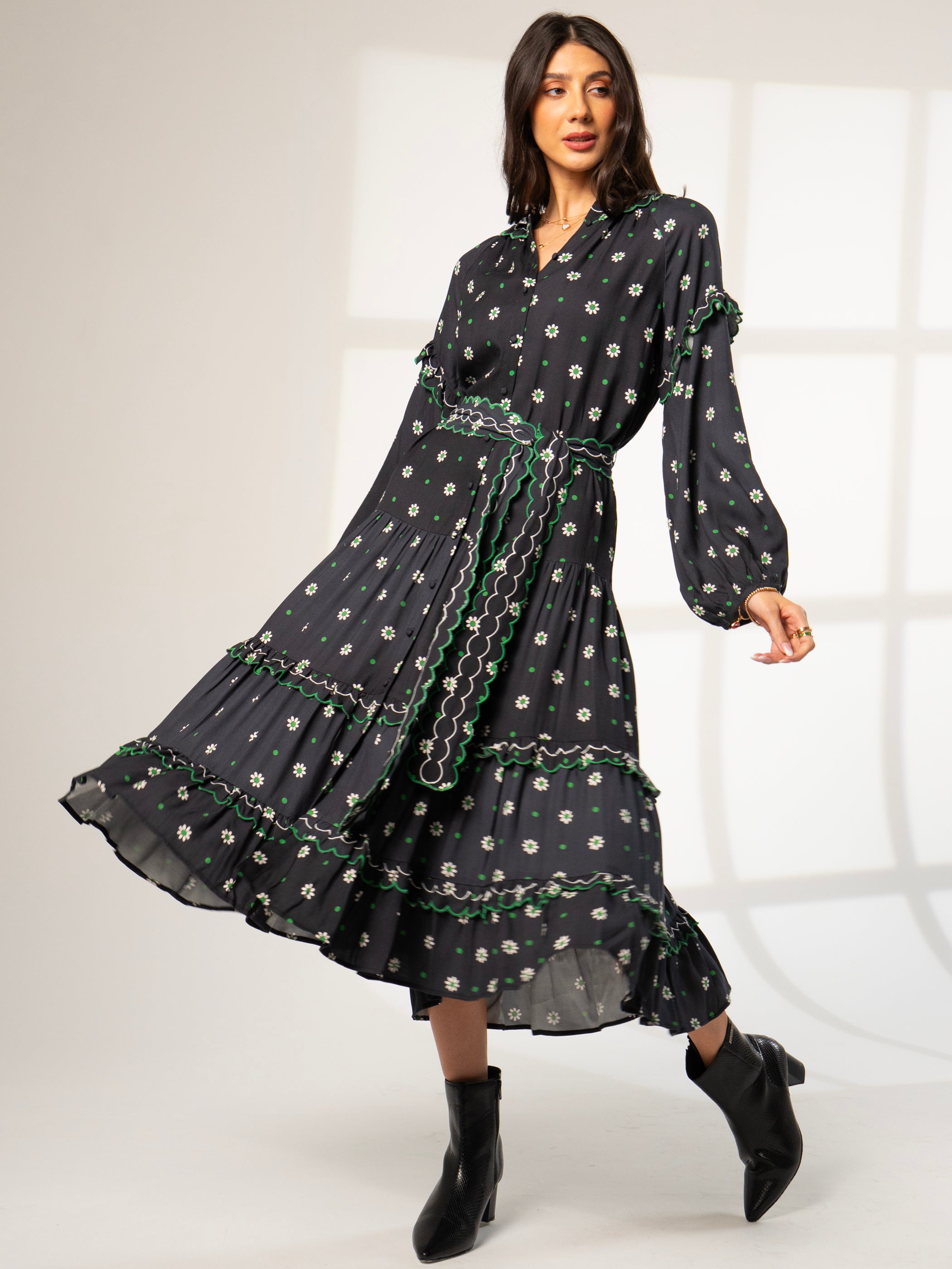 Joyce Black Daisy Polka Dot Midi Shirt Dress