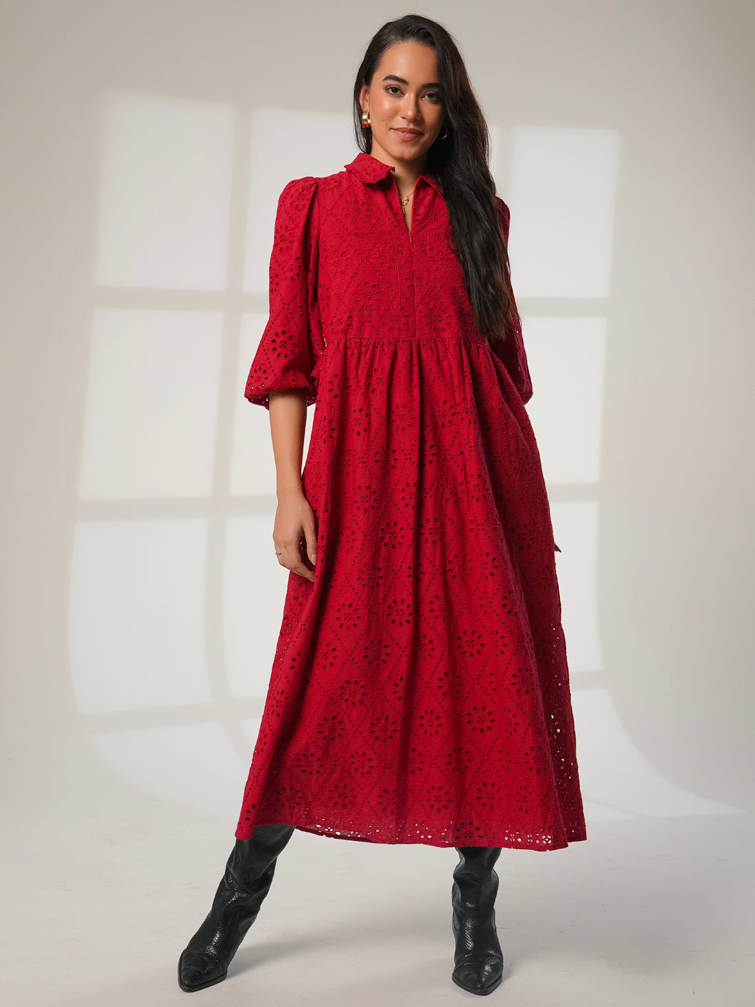 Lucille Red Embroidered Midi Shirt Dress 