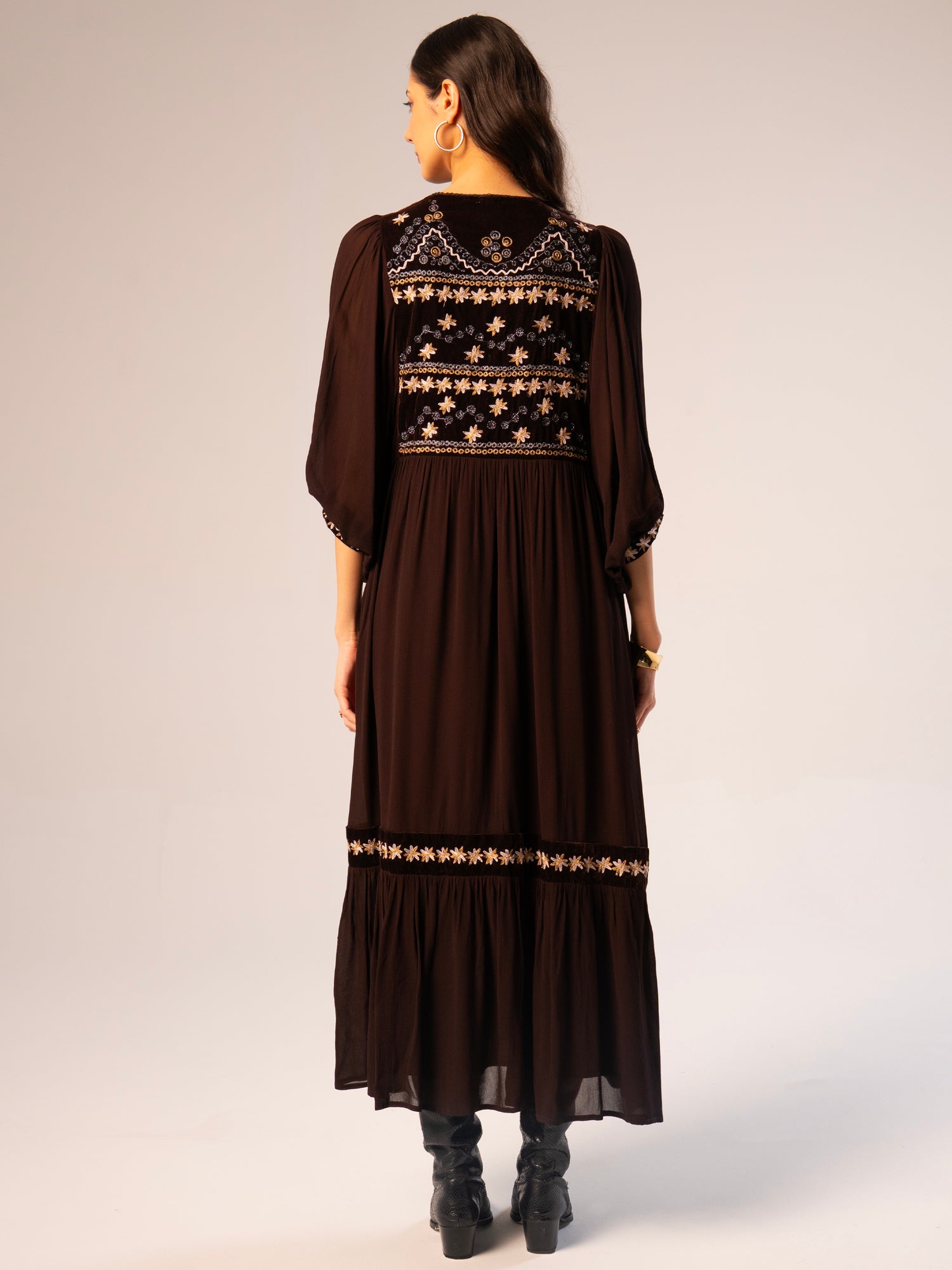 Arianna Chocolate Brown Velvet Embroidered Panel Maxi Dress XS Arianna Chocolate Brown Velvet Embroidered Panel Maxi Dress XS