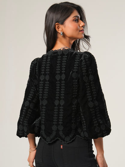 Drew Black Embroidered Velvet Tie Front Top