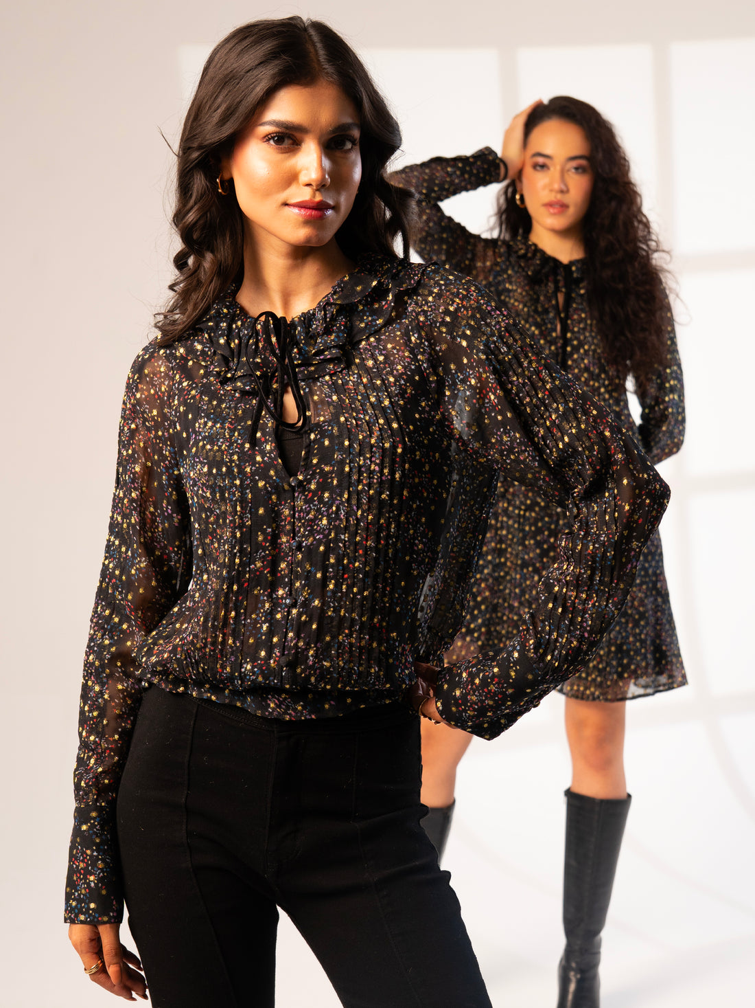 Tara Black Star Print Metallic Polka Dot Blouse
