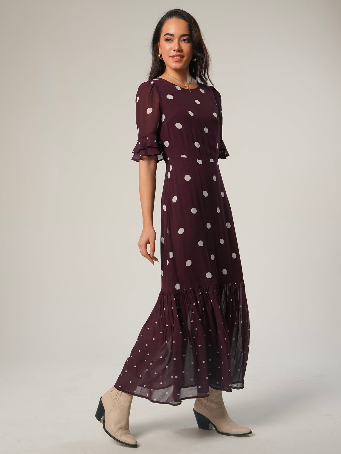 Saphi Chocolate Wine Polka Dot Print Maxi Dress