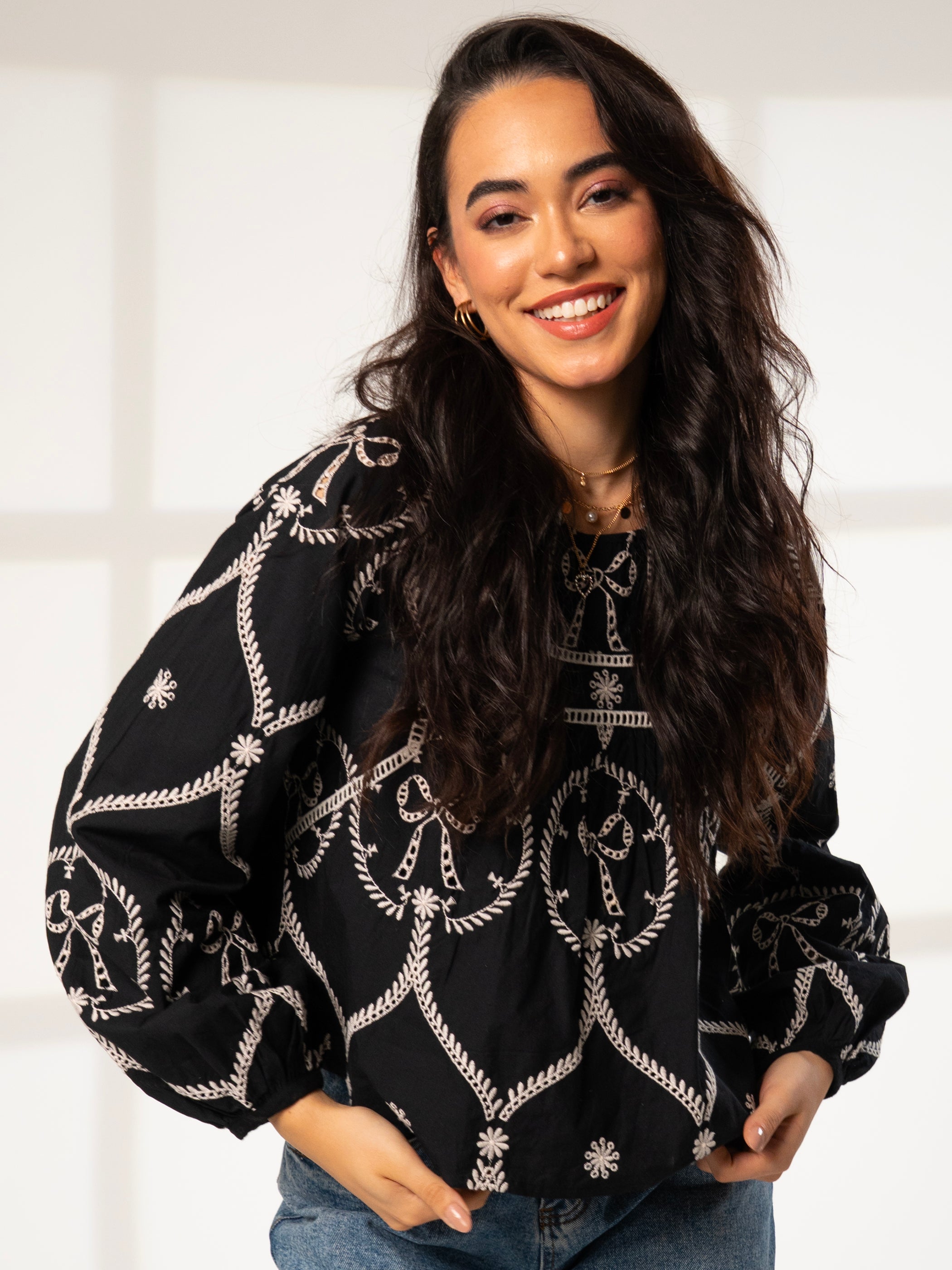 Charlie Black and ivory Bow embroidered Long Sleeve Blouse