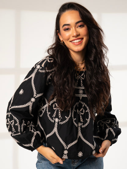Charlie Black and ivory Bow embroidered Long Sleeve Blouse
