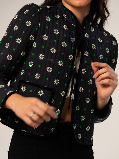 Joyce Black Daisy Print Velvet Edge Jacket