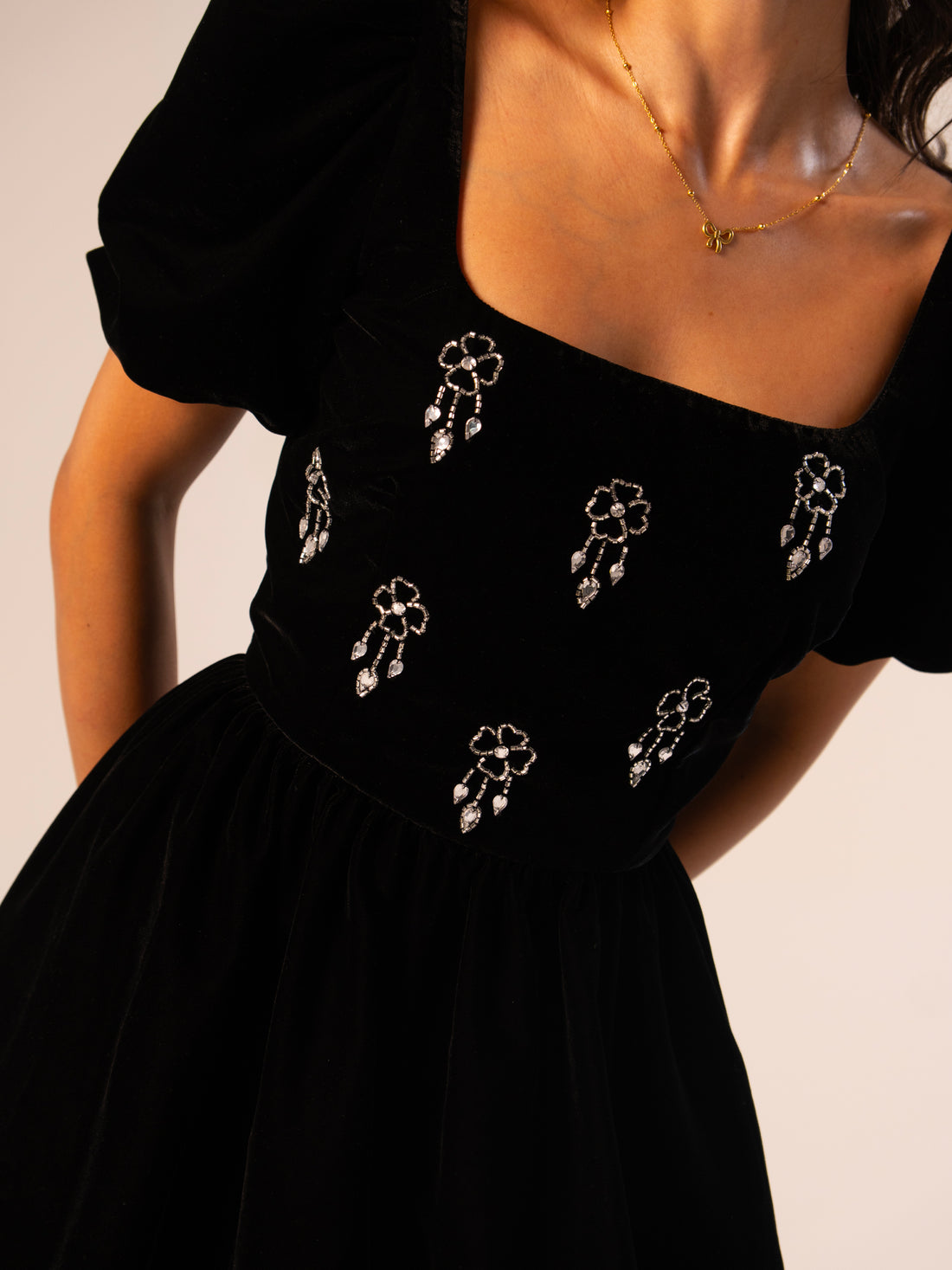 Jolene Black Hand Embellished Square Neck Velvet Mini Dress