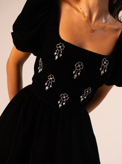 Jolene Black Hand Embellished Square Neck Velvet Mini Dress