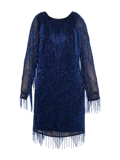 Janey Blue Black Beaded Fringe Mini Dress