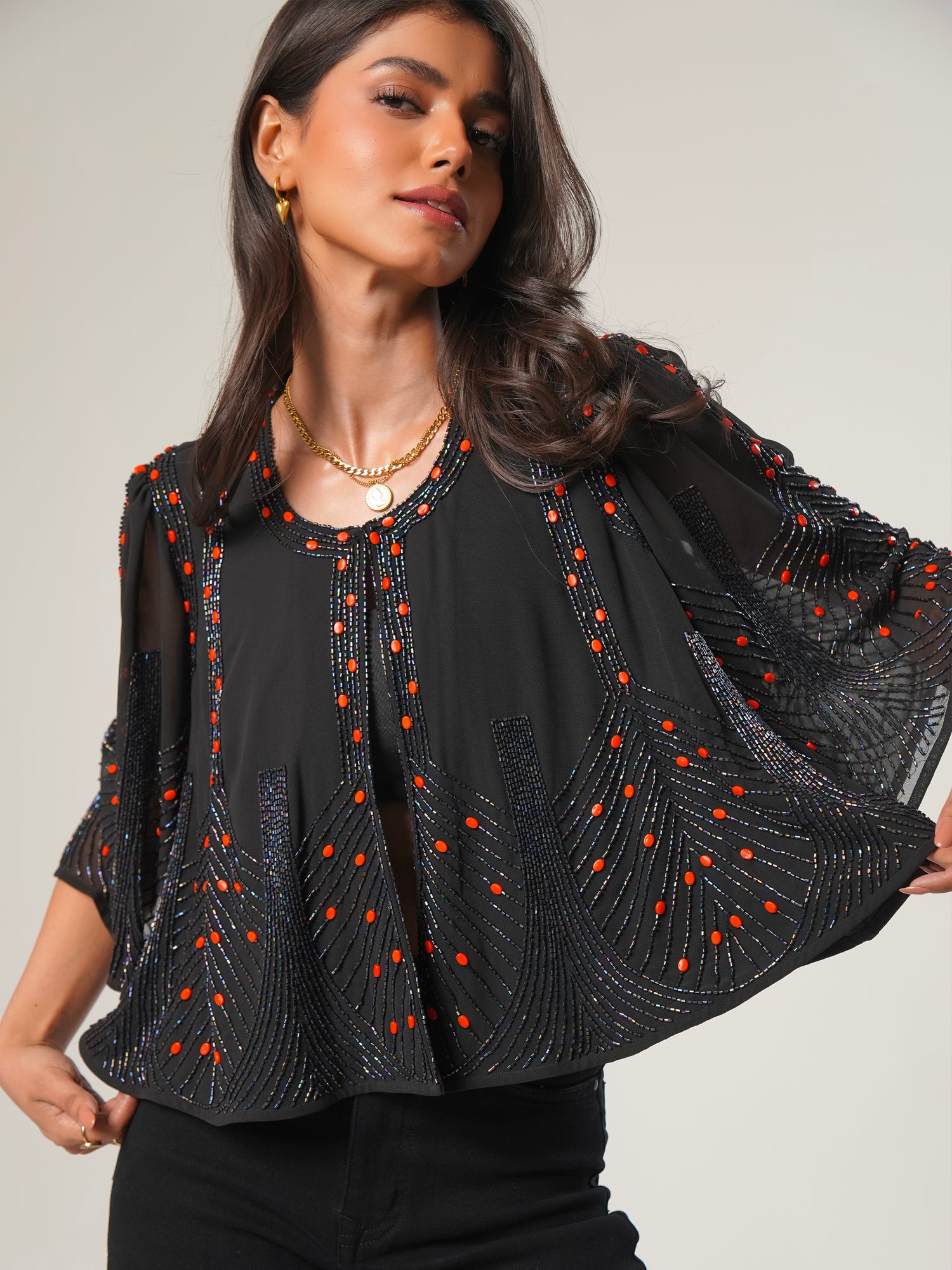 Anna Black Cape Sleeve Hand Beaded Top