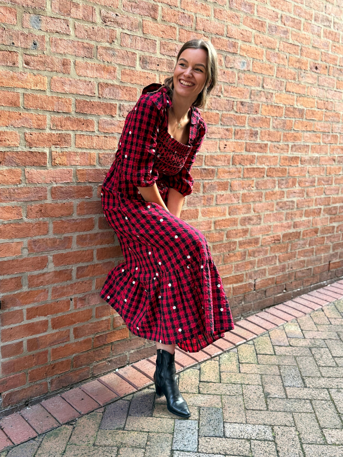 Steffi Red and Black Daisy Embroidered Check Maxi Dress