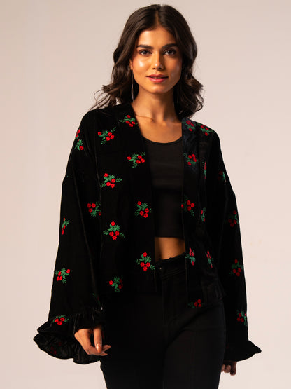 Jolie Black Red Embroidered Velvet Kimono