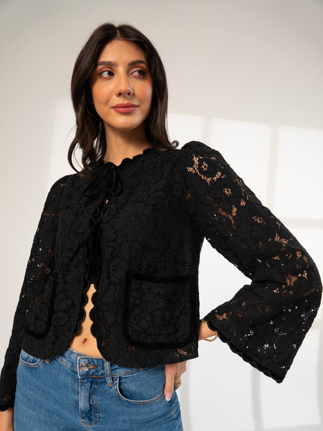 Lina Black Lace Velvet Trim Jacket