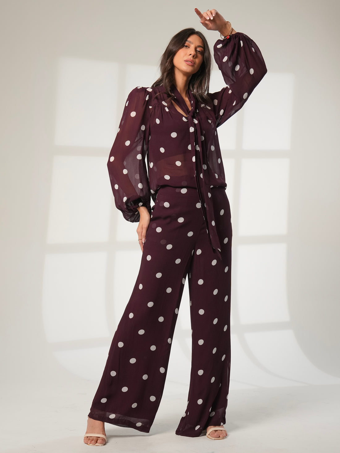 Saphi Chocolate Wine Polka Dot Wide Leg Trouser 