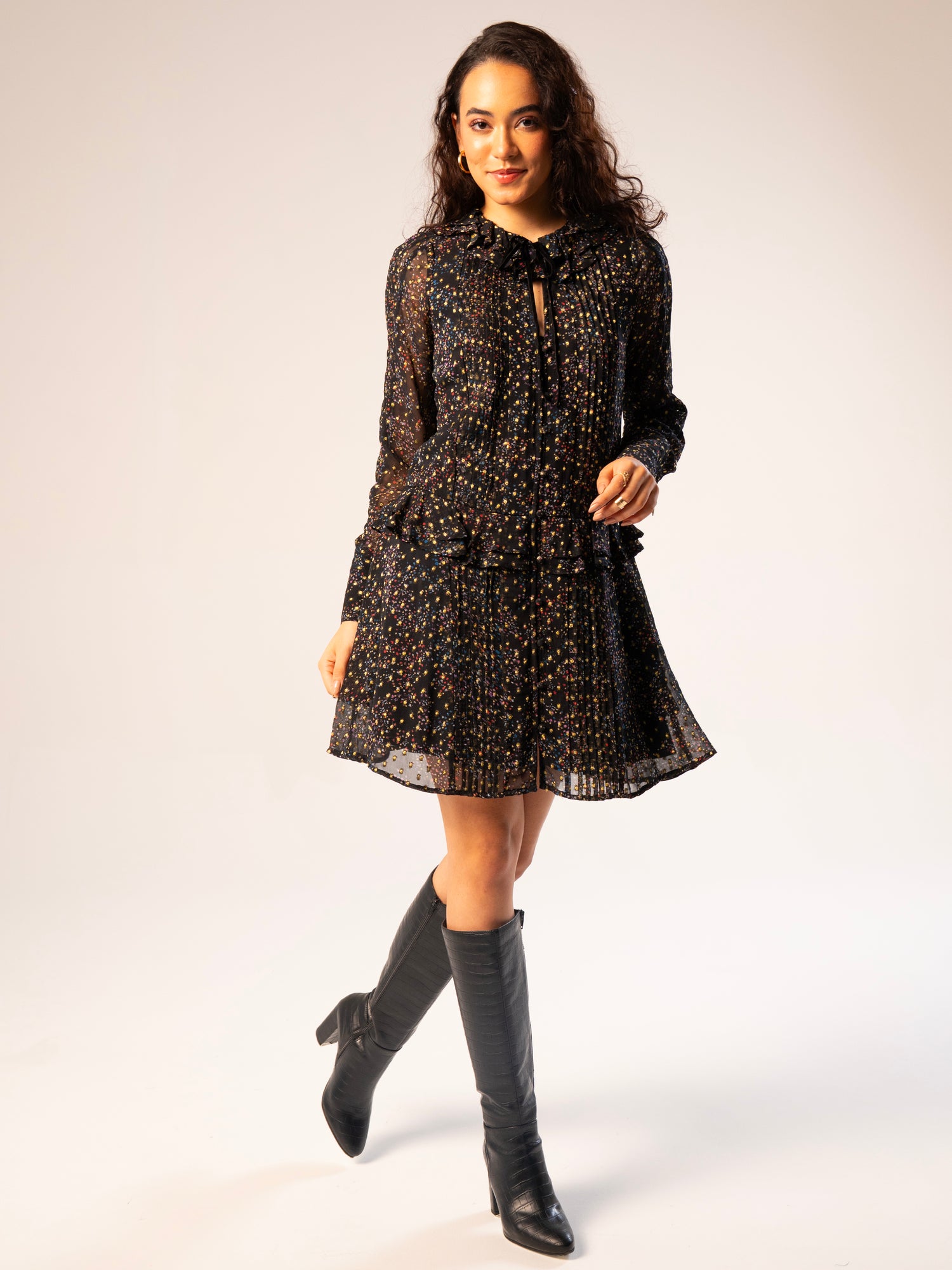Tara Black Star Print Metallic Polka Dot Mini Dress