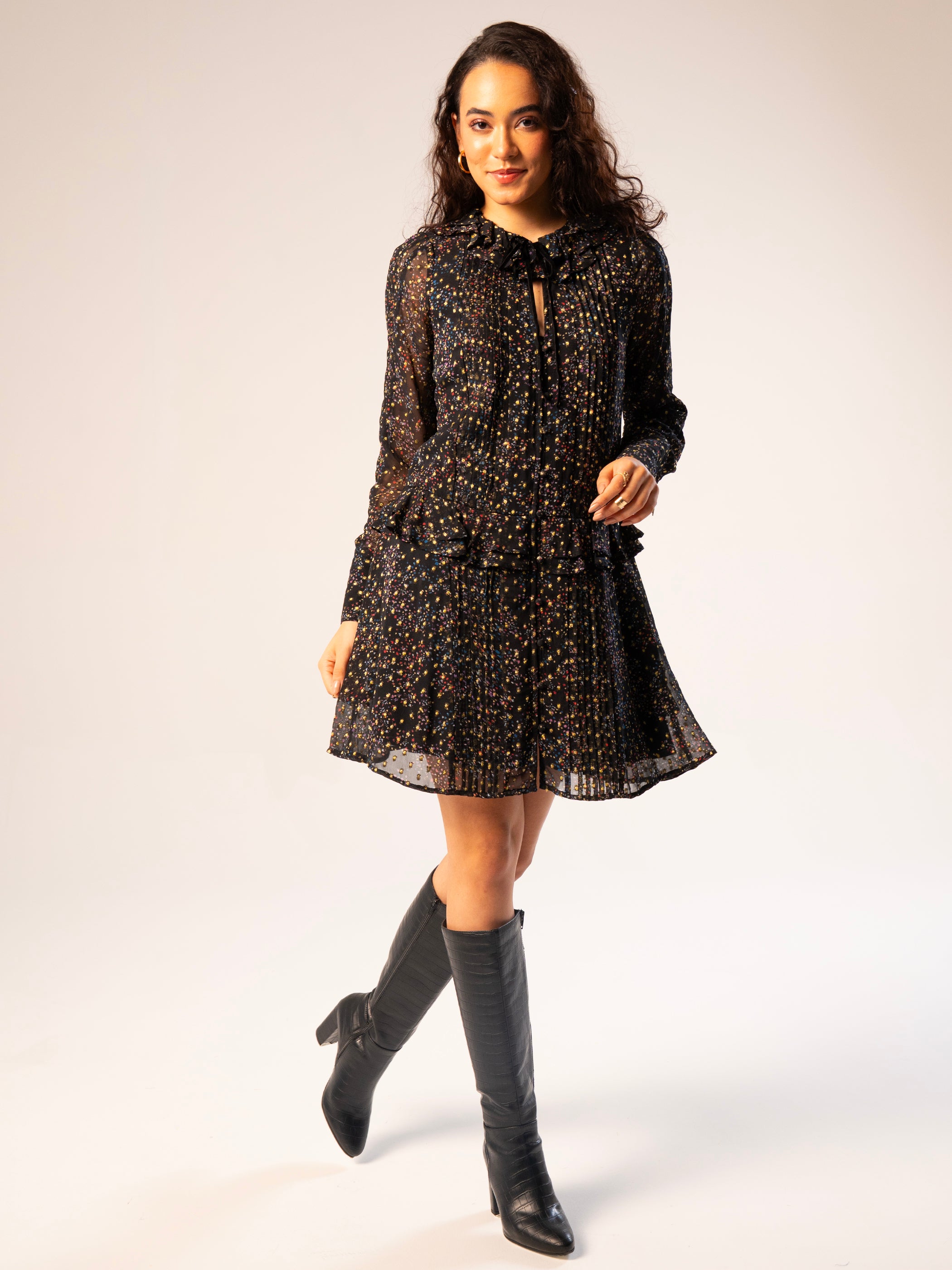 Tara Black Star Print Metallic Polka Dot Mini Dress