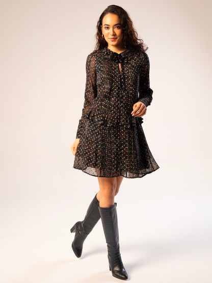 Tara Black Star Print Metallic Polka Dot Mini Dress