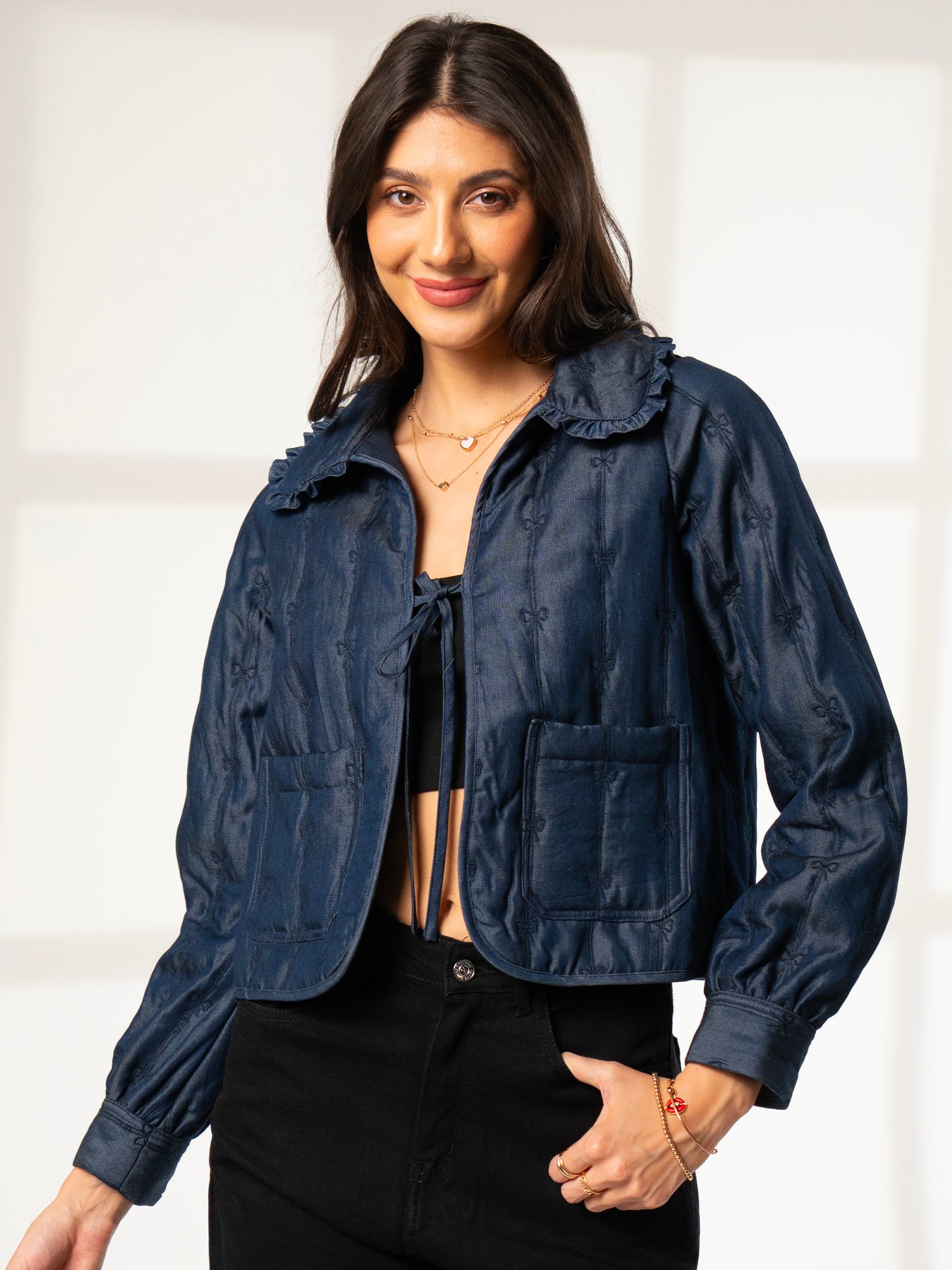 Beatrix Bow Embroidered denim quilted Jacket