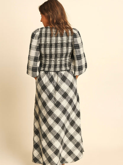 Nella Black and White Check Smocked Midi Dress 