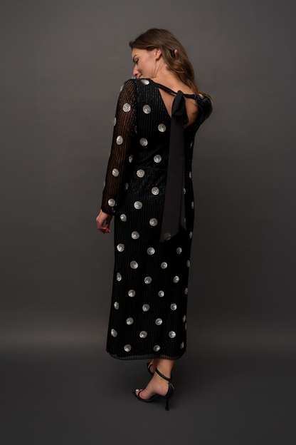 Merrin Black Polka Dot Hand Beaded Midi Dress