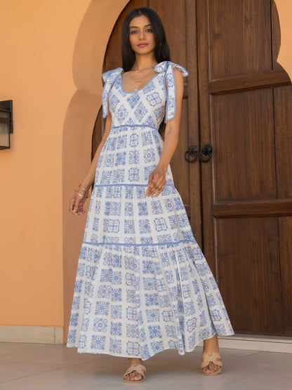 Maisy Blue White Printed Lace Trim Maxi Sun Dress 