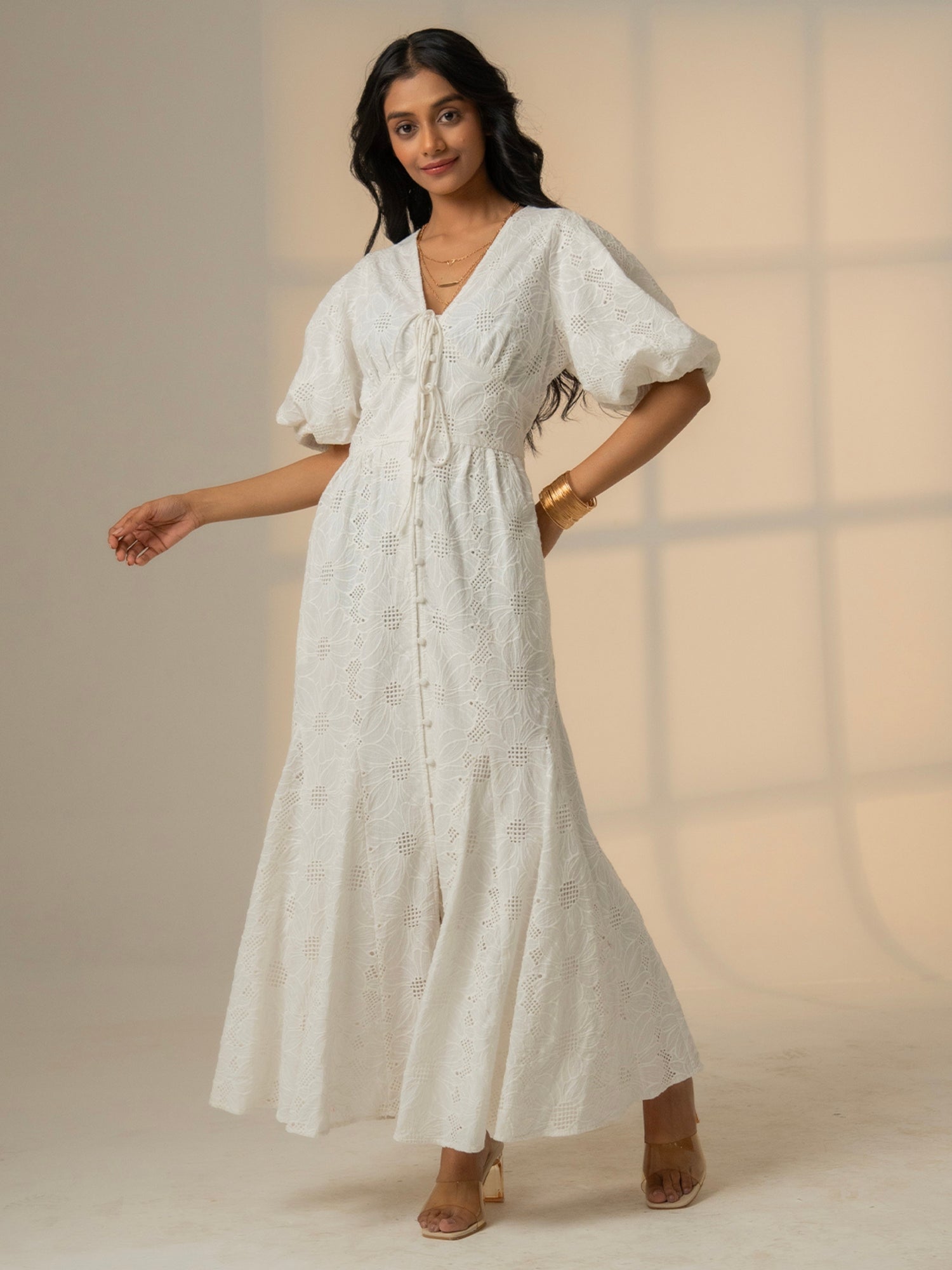 Penny White Lace Button Through Midi Dress
