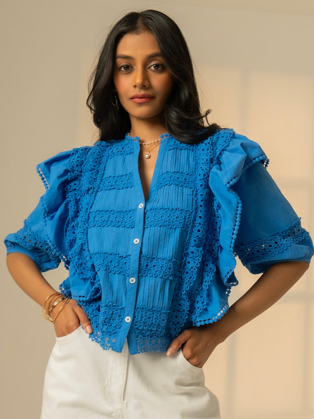 Daisy Blue Lace Trim Blouse