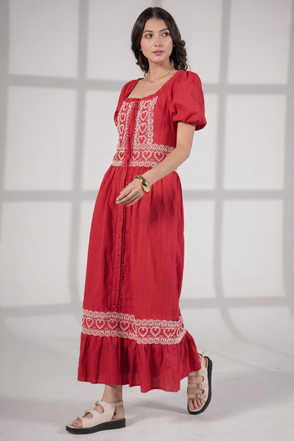 Harri Red And White Cotton Heart Embroidery Short Sleeve Maxi Dress