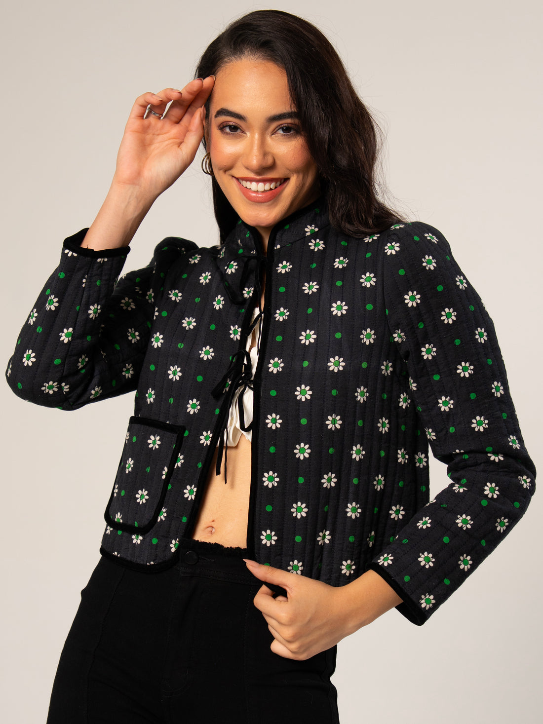 Joyce Black Daisy Print Velvet Edge Jacket