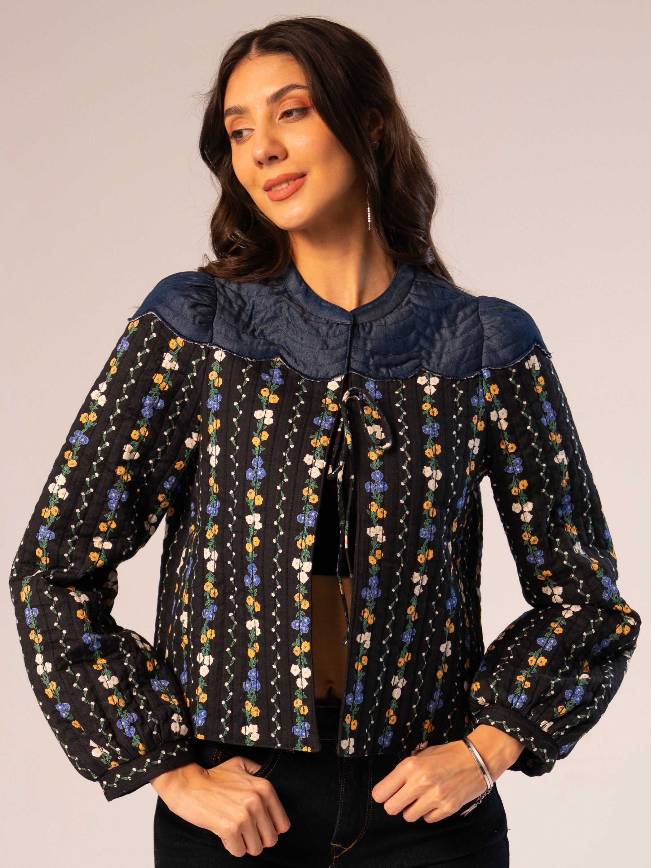 Kiri Black Floral Printed Scalloped Jacket