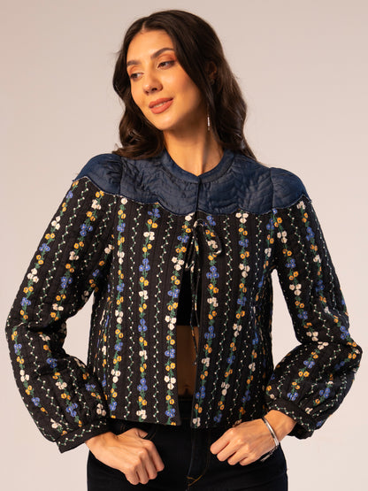 Kiri Black Floral Printed Scalloped Jacket