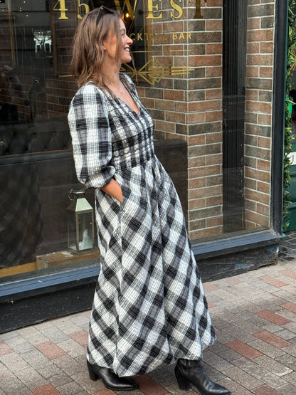 Nella Black and White Check Smocked Midi Dress 