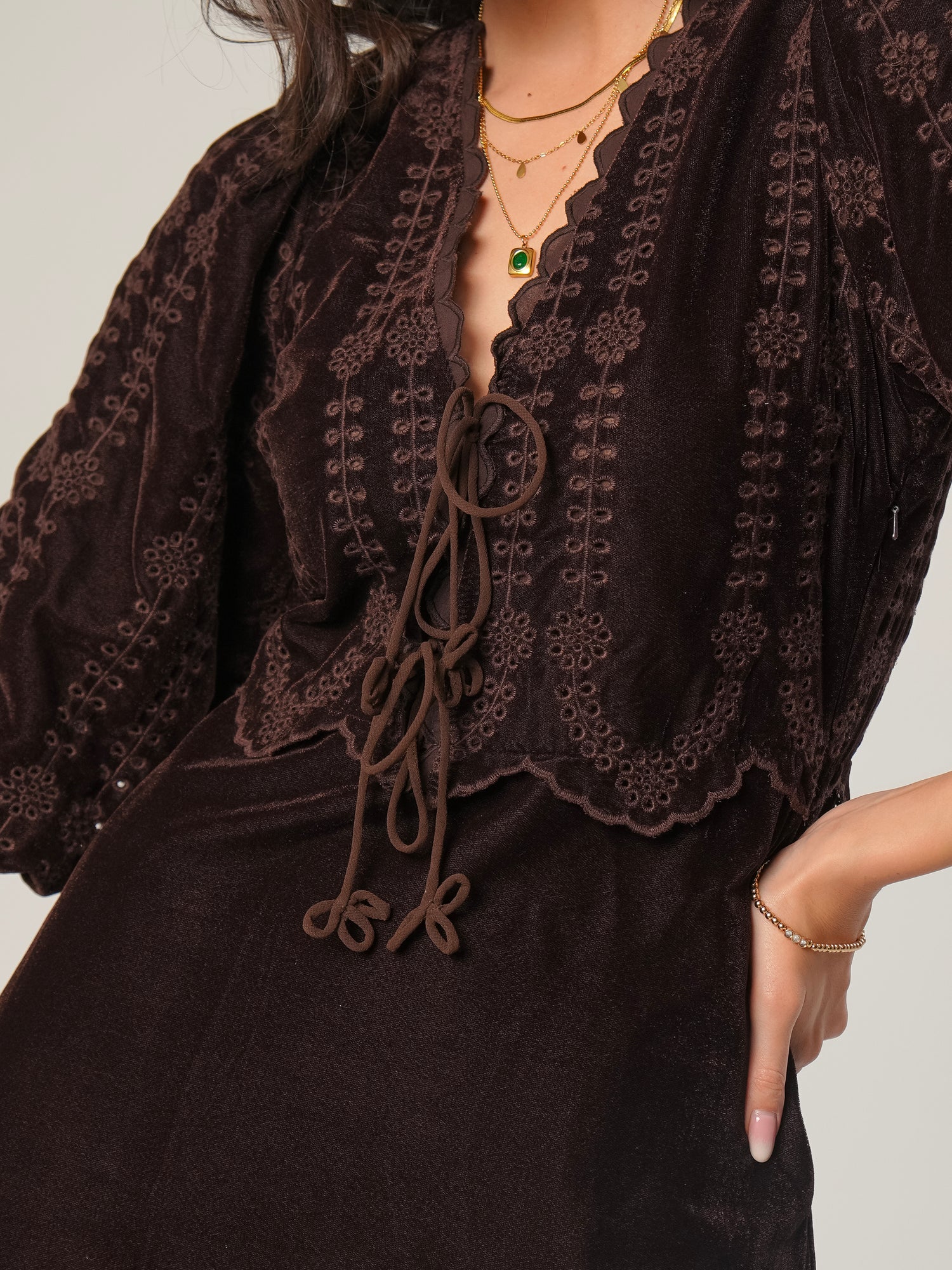 Drew Chocolate Brown Embroidered Velvet Tie Front Dress