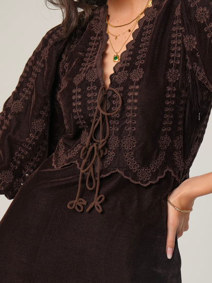 Drew Chocolate Brown Embroidered Velvet Tie Front Dress
